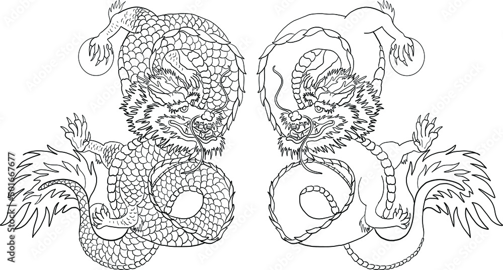 Fototapeta premium Japanese dragon tattoo isolated on white background.illustration of asia dragon for printing.Dragon Chinese character.Symbol of asia.Vector art design for coloring book and T-shirt.
