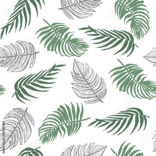Sage Green Fronds and Line Art Tropical Palm Leaf Seamless Pattern Background