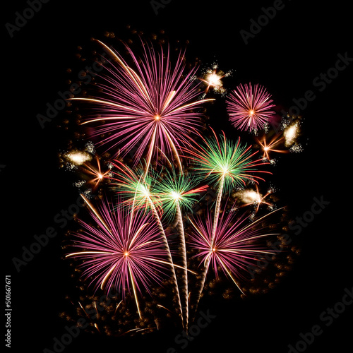 Firework bouquet isolated on black background.
