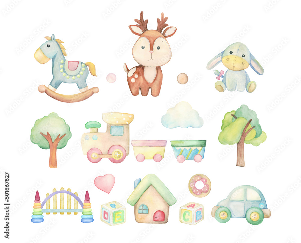 Cute, Deer, donkey, rocking horse, train, trees, house, toys. Watercolor set, animals and toys, in cartoon style.