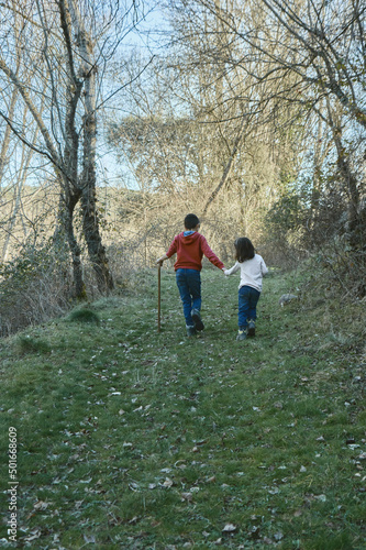 A boy holds his little sister's hand as they walk along a path in the forest