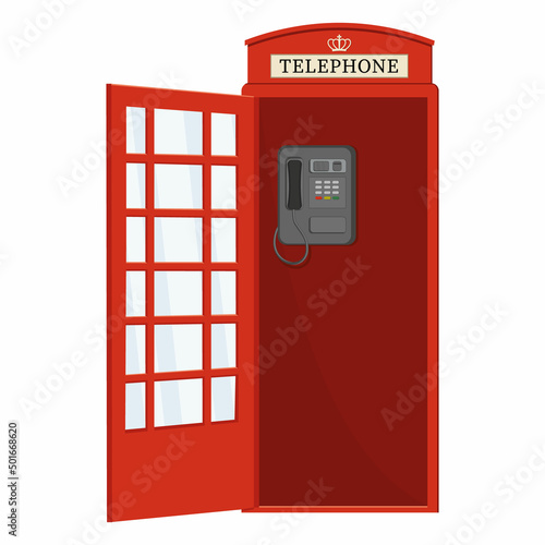 Red telephone booth with open door, color vector isolated cartoon-style illustration