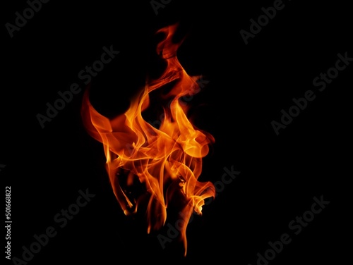 Flame Flame Texture For Strange Shape Fire Background Flame meat that is burned from the stove or from cooking. danger feeling abstract black background Suitable for banners or advertisements. © sainan