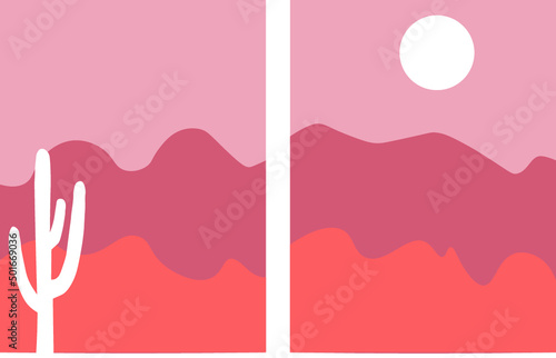 Set of abstract landscape posters. Aesthetic background landscape with mountains, sunset, sunrise. Arth tones, burnt orange, terracotta colors. Modern minimalist art print. Boho wall decor.