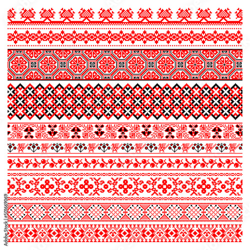 Set of Pixelized pattern Vyshyvanka Traditional Ukrainian Seamless Pattern slavic ornament