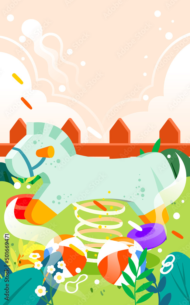 Children day boy is playing with toys on the lawn with sky and clouds in the background, vector illustration