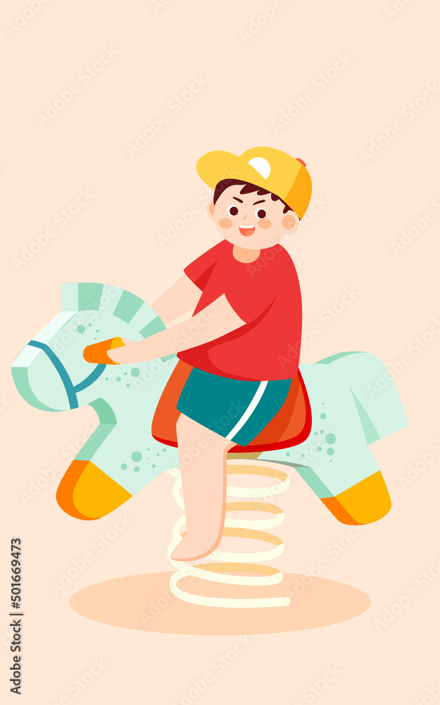 Children day boy is playing with toys on the lawn with sky and clouds in the background, vector illustration Children day boy is playing with toys on the lawn with sky and clouds in the background, vector illustration
