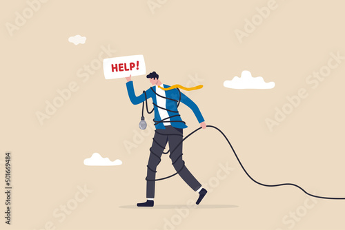 Need help and support to solve problem, desperate or burnout from overworked, request or ask for help concept, frustrated businessman with messy line on himself holding help placard with hopelessness.