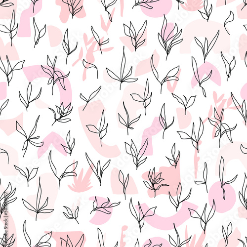 abstract minimalistic vector seamless pattern simple isolated boho shapes in different colors and branches with leaves hand drawn in one line