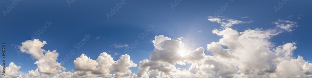 Fototapeta premium Blue sky panorama with puffy Cumulus clouds. Seamless hdr pano in spherical equirectangular format. Sky dome or zenith for 3D visualization, game and sky replacement for aerial drone 360 panoramas.