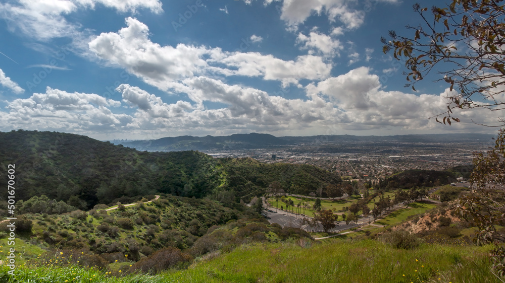 Fototapeta premium Panoramic view of Burbank, CA, from Verdugo Mountains. Los Angeles county, Southern California