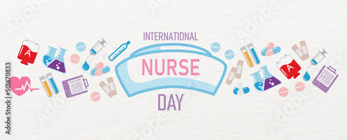 International nurse day lettering on big nurse hat and colorful icon and object of medical nursing isolate on white background. Web banner vector design of International nurse day.