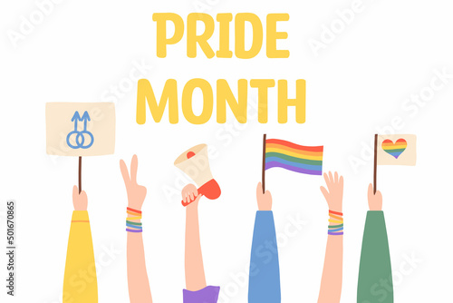 People hold megaphone and flags with lgbt rainbow and transgender flag during pride month celebration against violence, descrimination, human rights violation. Equality and self-affirmarmation.