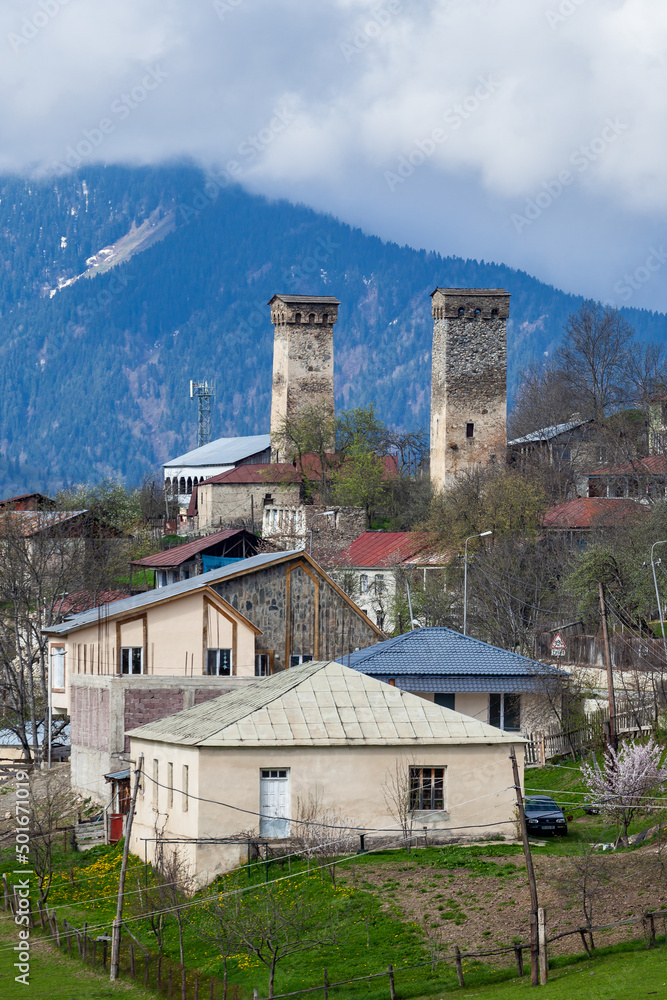 Traditional ancient Svan Towers in Upper Svaneti, Caucasus. Travel