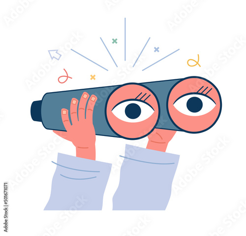 Binoculars in human hands. Business goal search concept. The eyes look ahead. Strategy Vision of the future.