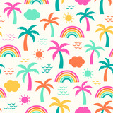 Colorful palm tree and rainbow seamless pattern for summer holidays background.