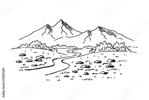 Landscape with mountains and forest. Hand drawn illustration converted to vector.