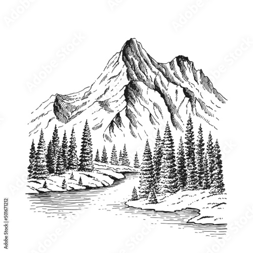 Hand drawn vector nature illustration with mountains and forest. Using for travel and nature background and card.
