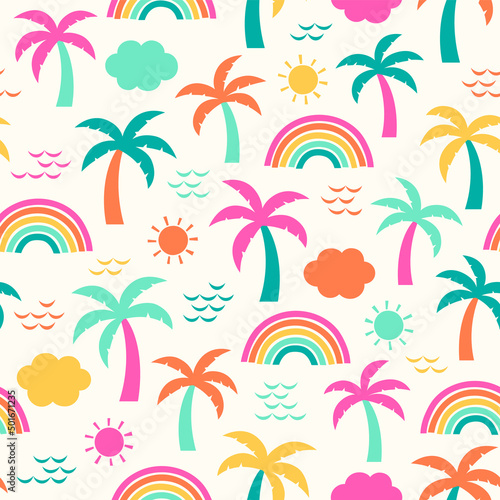 Colorful palm tree and rainbow seamless pattern for summer holidays background.