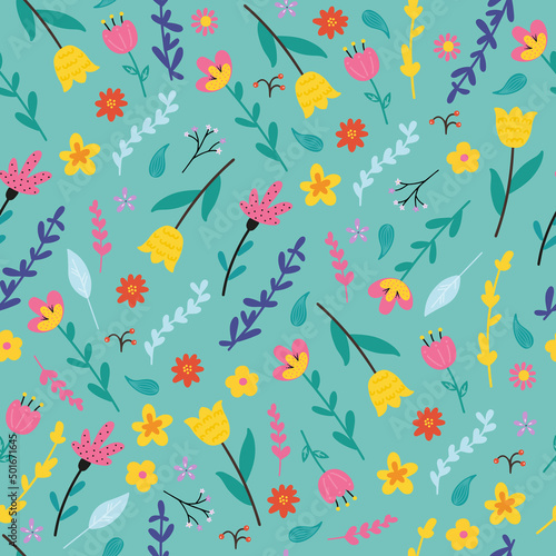 Garden flower, plants ,botanical ,seamless pattern vector design on green background color