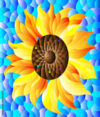 Illustration in stained glass style with sunflower flower on a blue sky background  rectangular image