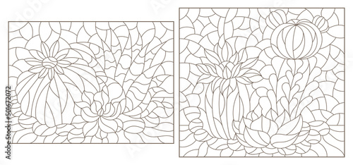 Wallpaper Mural Set of contour illustrations in the style of stained glass with compositions of cacti, dark outlines on a white background Torontodigital.ca
