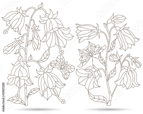 A set of contour illustrations in the style of stained glass with floral arrangements and butterflies, isolated on a white background