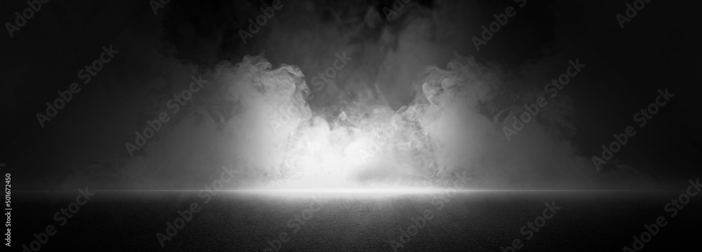 Dark street, asphalt abstract dark background, empty dark scene, neon light, spotlights The concrete floor and studio room with smoke float up the interior texture for display products - obrazy, fototapety, plakaty 