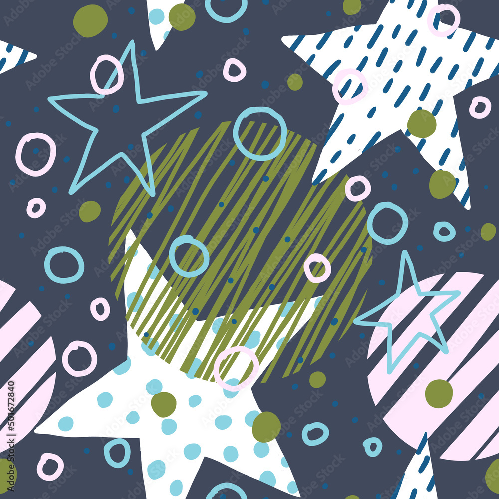 Fototapeta premium Beautiful seamless pattern in simple scandinavian style. Abstract shapes on dark blue background. Desaturated colors. Repeating wallpaper. Trendy design for textile, fabric, surfaces, paper wrapping.