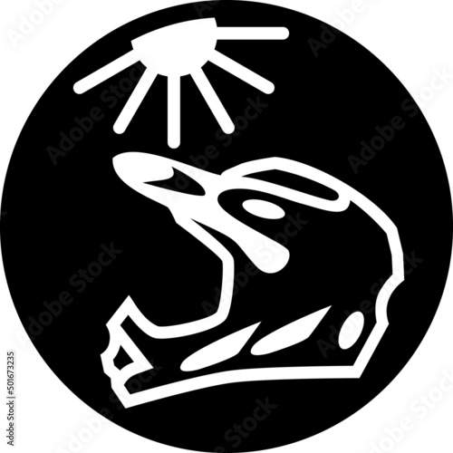 The sun shines on a bicycle or motorcycle helmet. The concept of protection against overheating. Round black vector outline icon with white lines