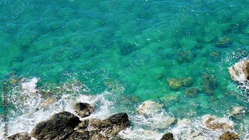 Aerial view of sea waves and rocky coast  Waves swim to the rocky shore with copy space.