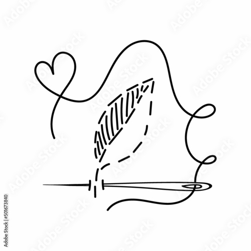 Embroidered leaves, hand-drawn doodles in sketch style. Needle and thread. Embroidery. Handmade. Thread. Vector simple illustration.