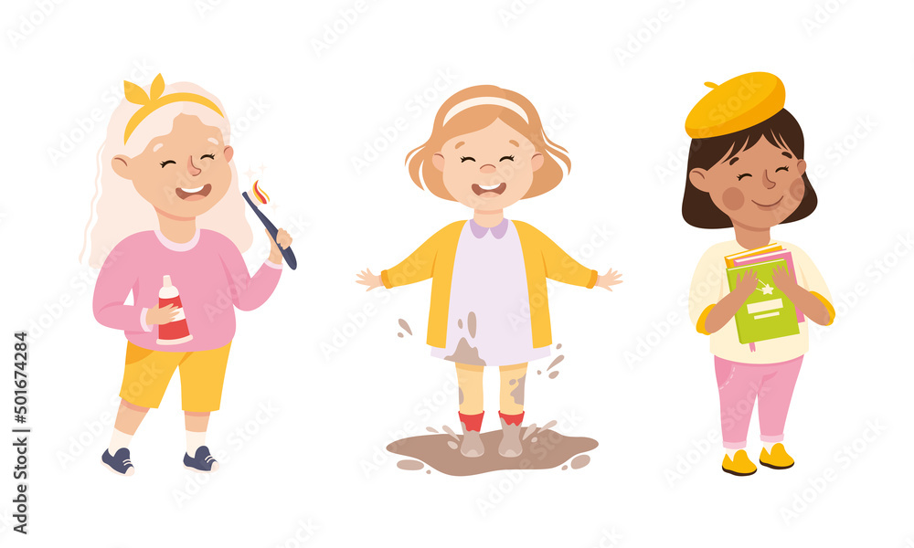 Naughty and obedient kids set. Little girls cleaning teeth, playing in mood and reading books cartoon vector illustration Naughty and obedient kids set. Little girls cleaning teeth, playing in mood and reading books cartoon vector illustration