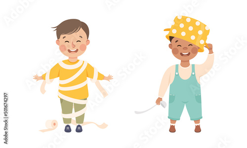 Naughty kids set. Happy funny little boys playing with toilet paper, saucepan and ladle cartoon vector illustration