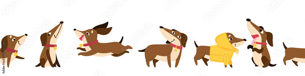 Fototapeta premium Dachshund seamless pattern with collars and medallions in various poses. Drawn in cartoon style. Vector illustration for designs, prints, patterns. Isolated on white background