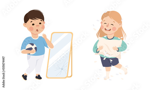 Naughty kids set. Boy broken mirror with ball, girl fighting with pillow cartoon vector illustration