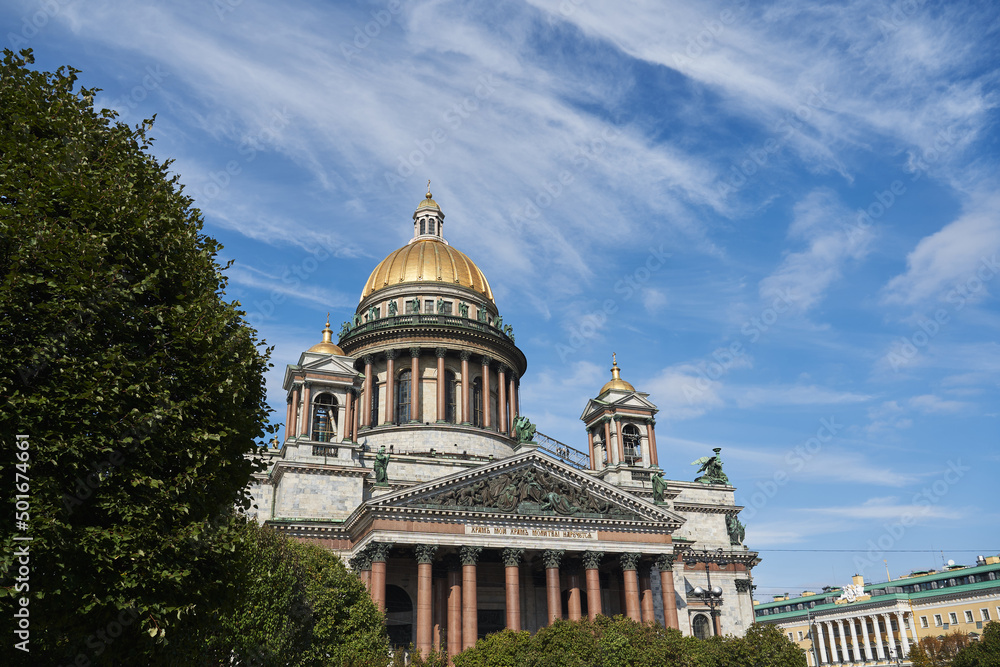 Saint Isaac's cathedral scenic spring season view . Majestic St Petersburg city architecture, famous landmark and popular touristic place