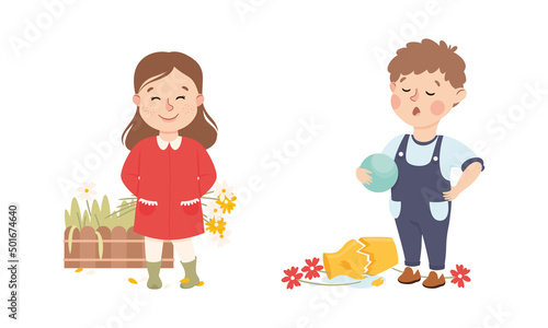 Little Boy and Girl with Bad and Naughty Behavior Near Broken Vase and Deflowered Garden Bed Vector Set