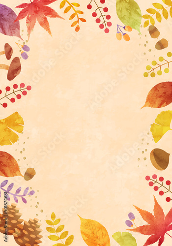 秋の植物の葉っぱのベクターイラストフレーム背景(水彩,落ち葉,葉,木の葉,card.holiday,art,greeting)