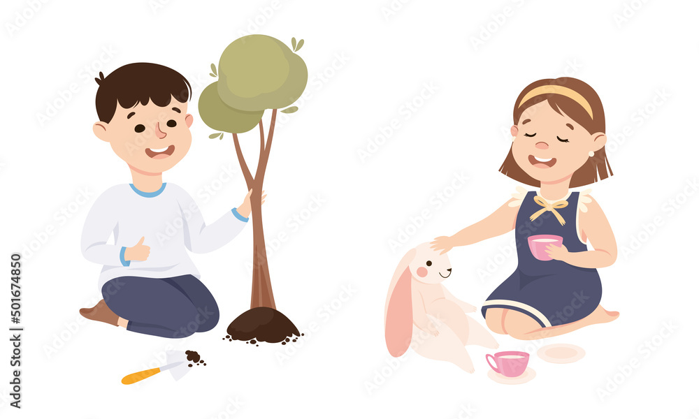 Obedient Girl and Boy with Good Breeding Planting Tree Sapling and Playing Toy Tea Vector Set Obedient Girl and Boy with Good Breeding Planting Tree Sapling and Playing Toy Tea Vector Set