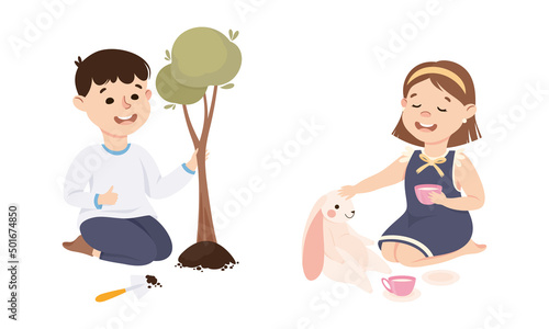 Obedient Girl and Boy with Good Breeding Planting Tree Sapling and Playing Toy Tea Vector Set