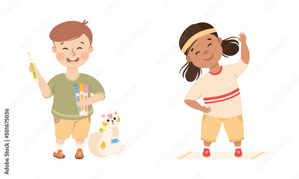Obedient and Naughty Boy and Girl with Felt Pen Painting Cat and Doing Physical Exercise Vector Set Obedient and Naughty Boy and Girl with Felt Pen Painting Cat and Doing Physical Exercise Vector Set