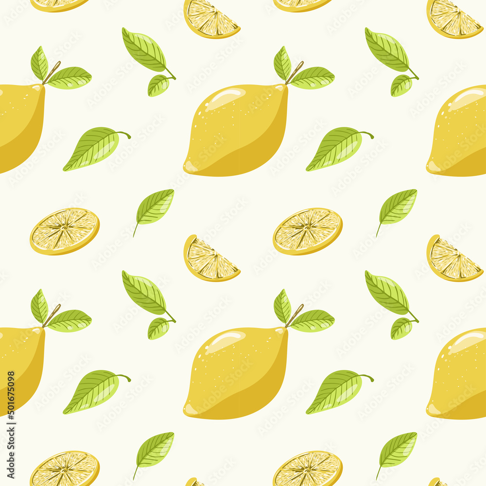 Hand drawn slices and whole lemon vector seamless pattern background. Color vintage design for wrapping paper, wallpaper, fabric, natural product packaging Hand drawn slices and whole lemon vector seamless pattern background. Color vintage design for wrapping paper, wallpaper, fabric, natural product packaging