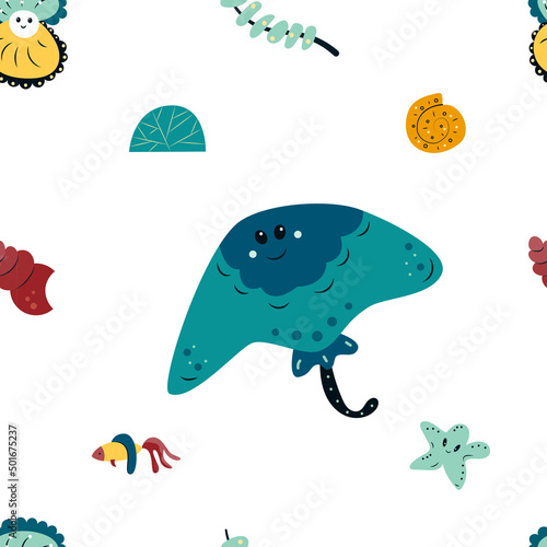 Colorful seamless pattern with funny marine animals, seashells and seaweed on white background. Ornament with cute sea and ocean underwater creatures. Cartoon vector illustration for kid print, fabric
