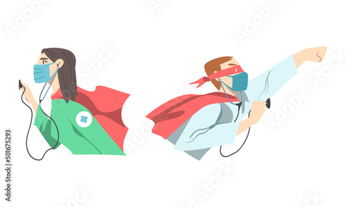 Doctor Hero with Male and Female Medical Staff in Uniform and Superhero Cloak Vector Set