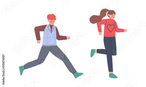 Man and Woman Character Running in a Hurry and Hasten Somewhere Vector Set