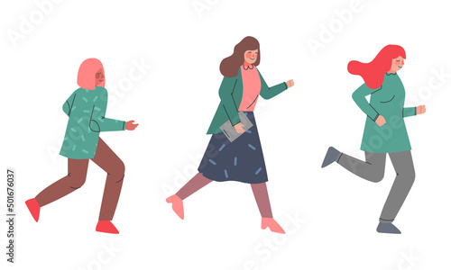 Woman Character Running in a Hurry and Hasten Somewhere Vector Set