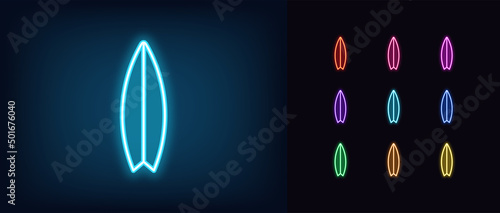 Outline neon surfboard icon. Glowing neon surfboard silhouette, surf pictogram