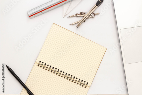 Mockup of architectural concept, Drawing tools on white paper background