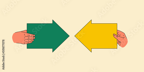Human hands hold various geometric flat arrows. A set of isolated objects on a light background.